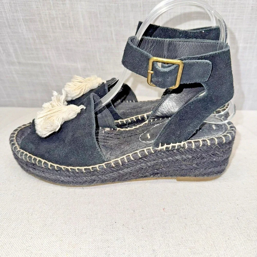 Soludos Tassel Espadrille Sandals Wmns 7 Black Suede Wedge Platform Boho Coastal
